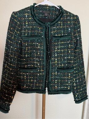 NWT Tahari Dark Green Tweed Cropped Bouclé Jacket